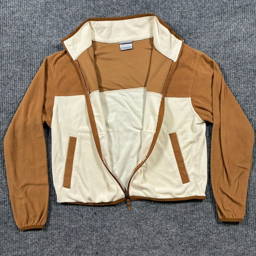 Columbia Fleece Jacket Womens Size M Brown Cream Full Zip Lightweight Outdoor